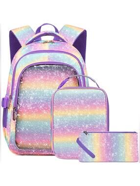 NIB Unicorn Gradient Rainbow Glitter Girls Backpack with Lunch Box School Bag